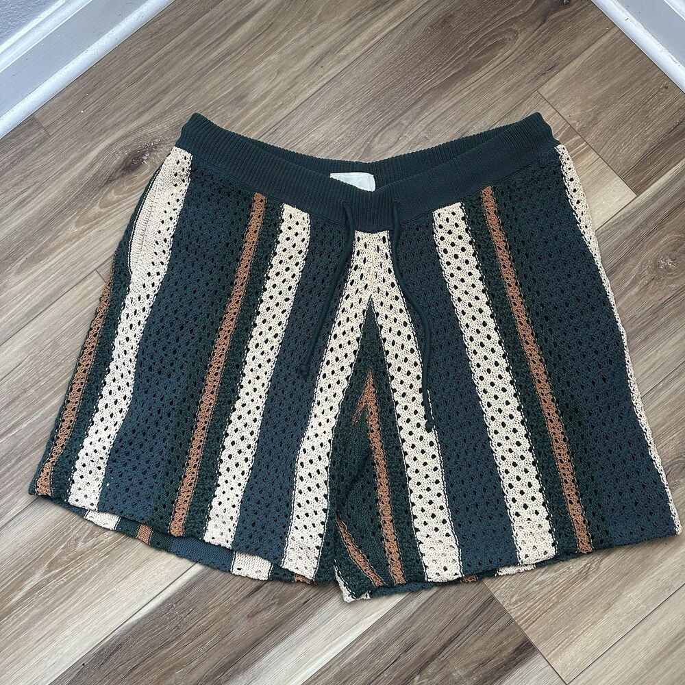 Kith Crochet Curtis Shorts Green Striped Knit Drawstring Mens Size XL NWOT
